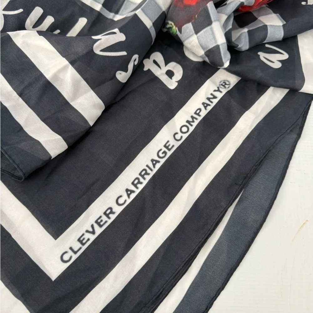 Clever Carriage Company Rose Patterned Scarf - Black and Red 💯 Silk - Picture 9 of 11